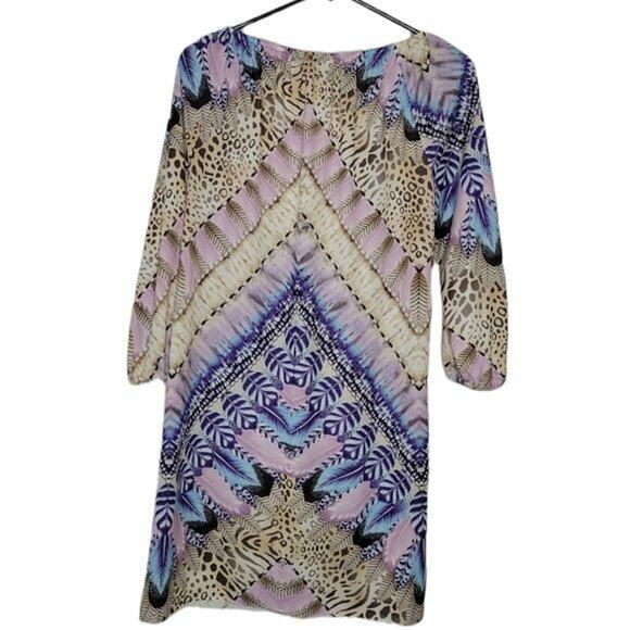 Letarte Multicolor Feather & Animal Printed 3/4 Sleeve Swim Coverup Womens Small - Picture 4 of 8